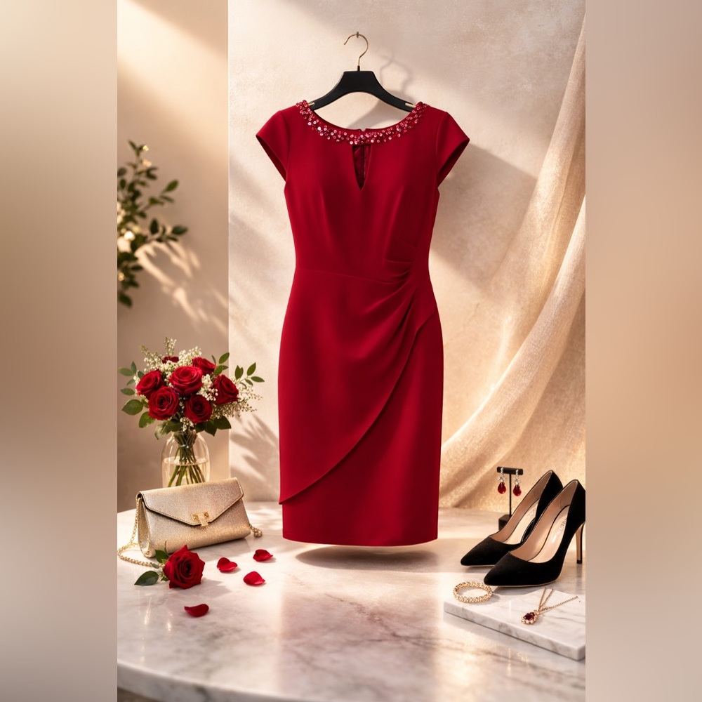 Elegant Red Dress with Embellished Neckline